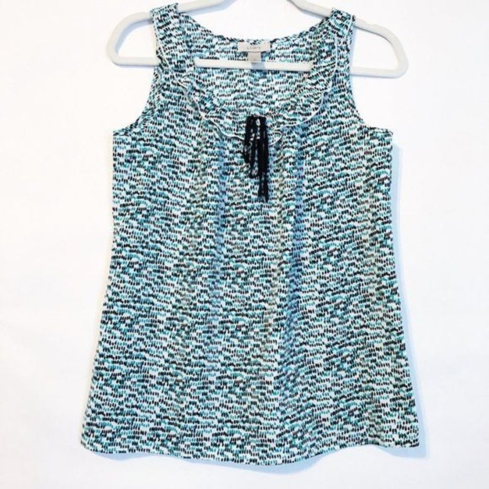 LOFT XS Tank Blouse Teal Black Print Sleeveless Ruffle Career Business Casual